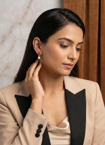 Gold-Plated Pink Gemstone & Pearl Dangle Earrings