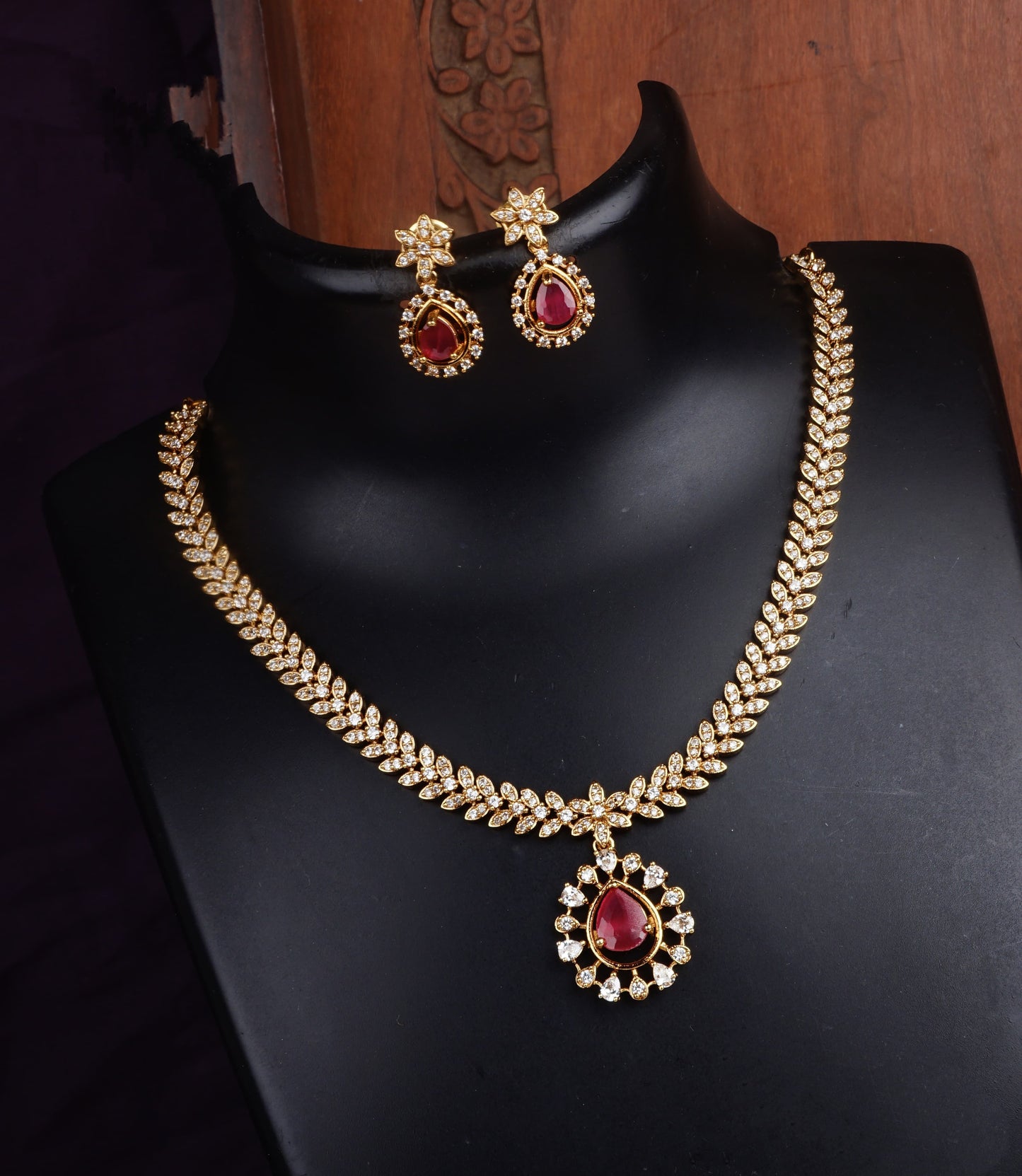 Ruby and American Diamond Teardrop Necklace Set