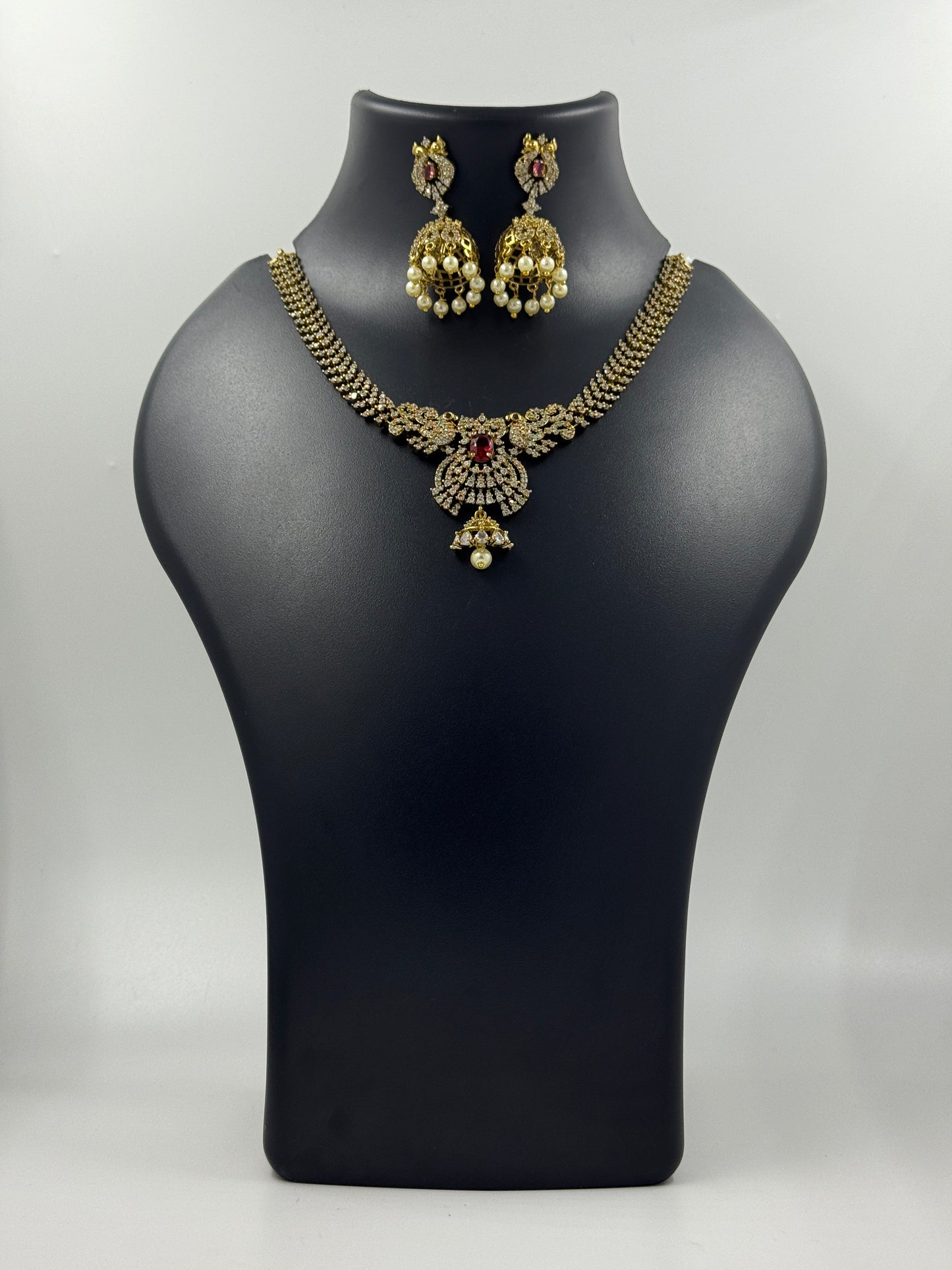 Royal Peacock Motif Necklace Set with Matching Jhumkas – Ruby Red & Gold