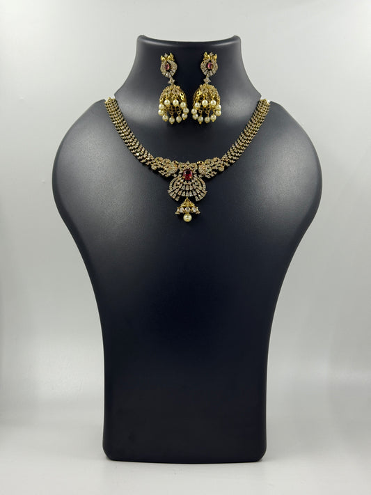 Royal Peacock Motif Necklace Set with Matching Jhumkas – Ruby Red & Gold