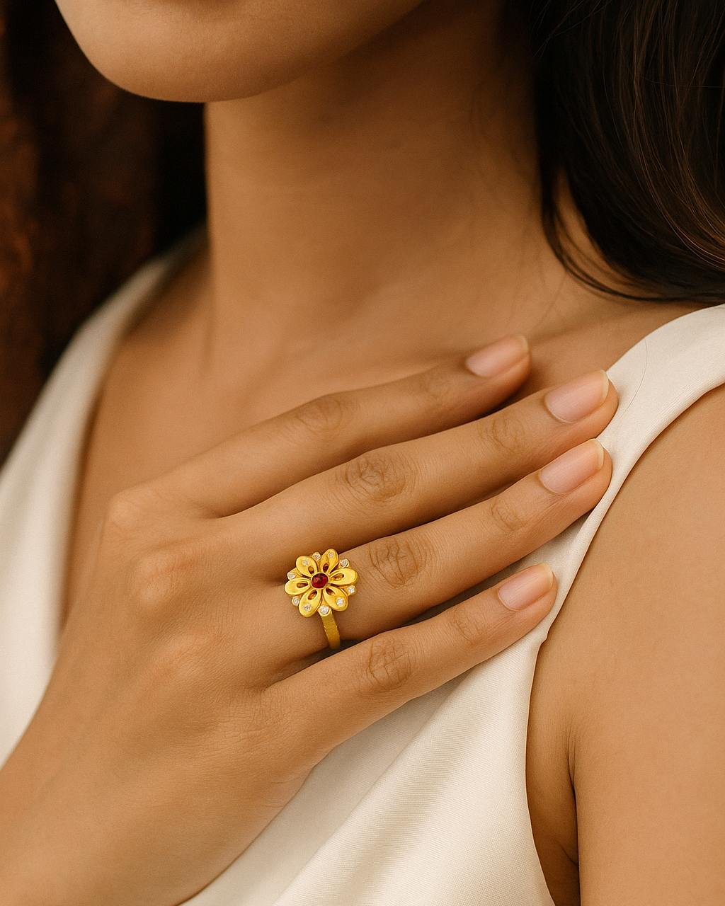 Close-up of a hand wearing a gold ring with a red gemstone, held against a neutral background.