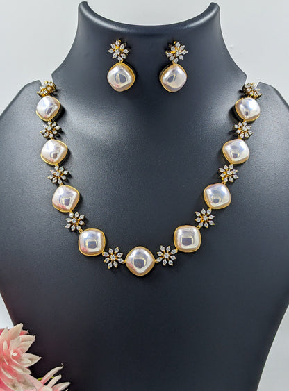 Pearl & Gold Floral Necklace Set With Earring For Gifting