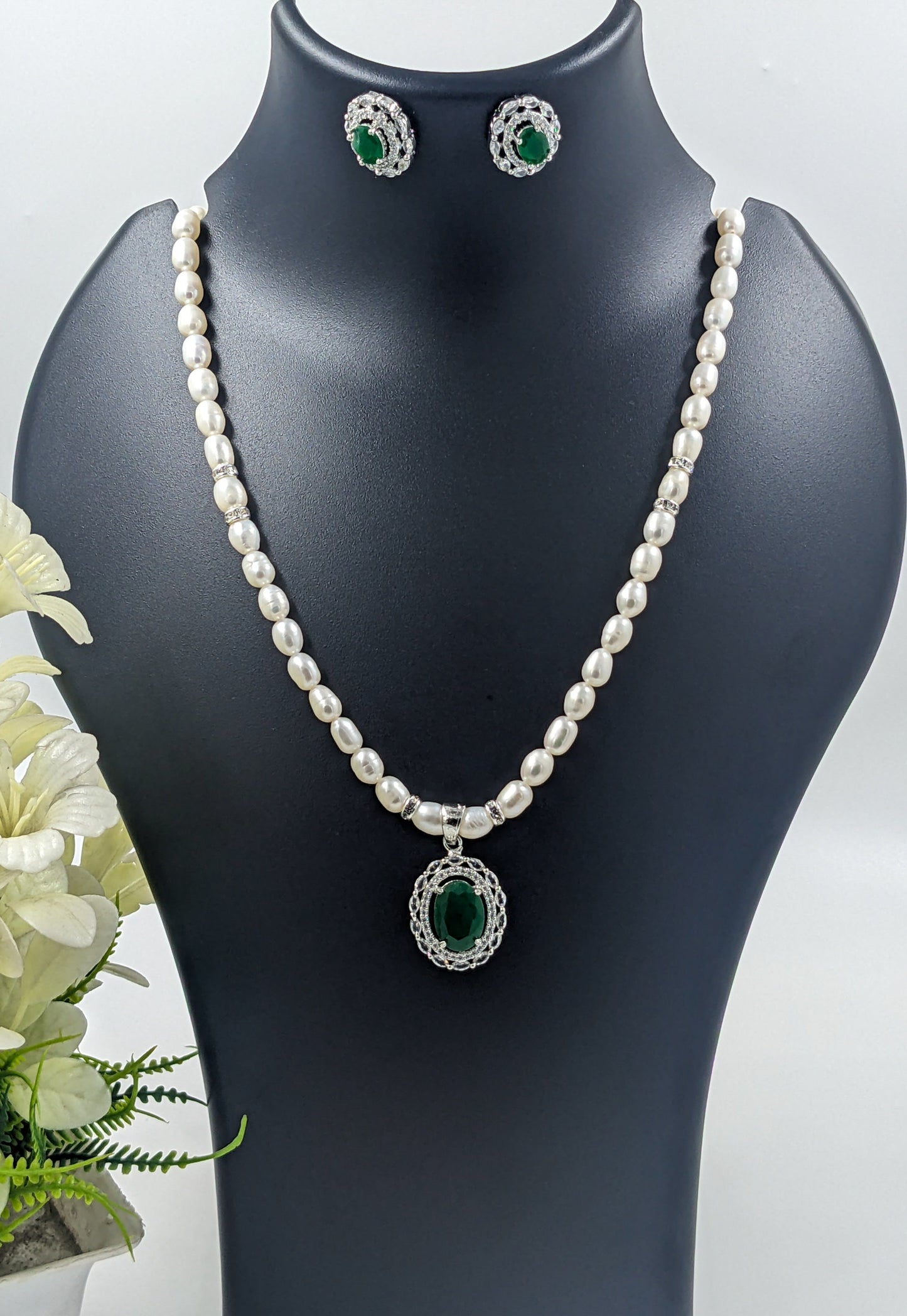 Pearl Necklace Set with Emerald Green Pendant and Matching Earrings