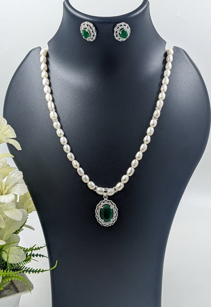 Pearl Necklace Set with Emerald Green Pendant and Matching Earrings