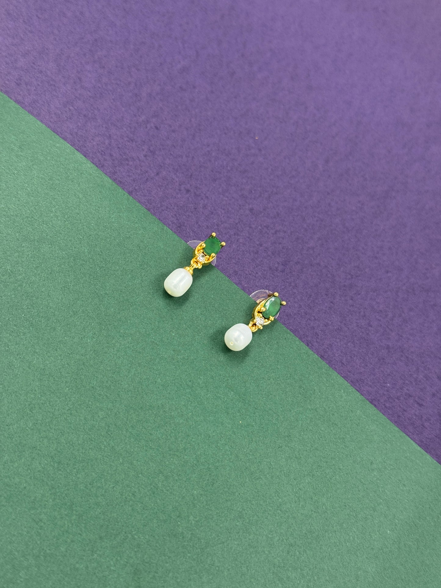 Elegant Emerald & Pearl Minimalist Earrings