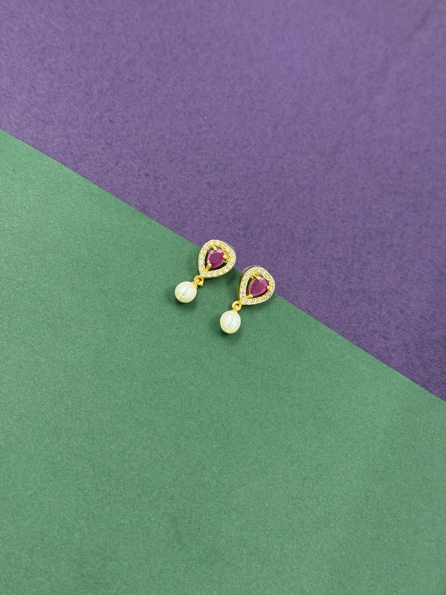 Ruby Pink Teardrop Halo Earrings with Pearl Drop