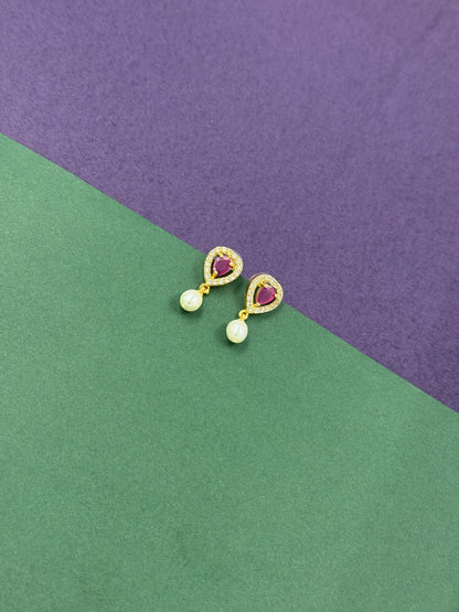 Ruby Pink Teardrop Halo Earrings with Pearl Drop