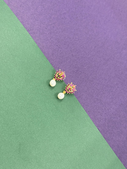 Royal Ruby Pink Floral Pearl Drop Earring