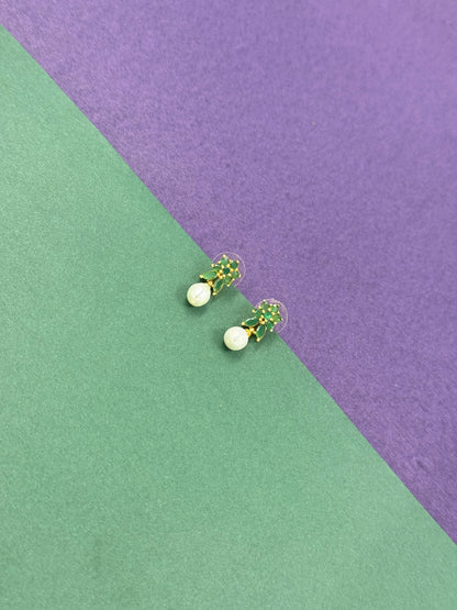 Gold-Plated Green Leaf & Pearl Dangle Earrings