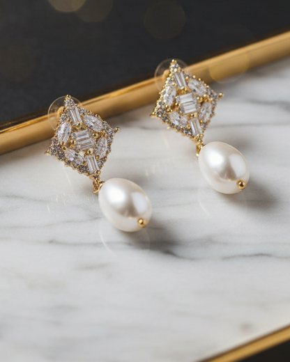 Diamond CZ Pearl Drop Earrings on Marble Gold Tray