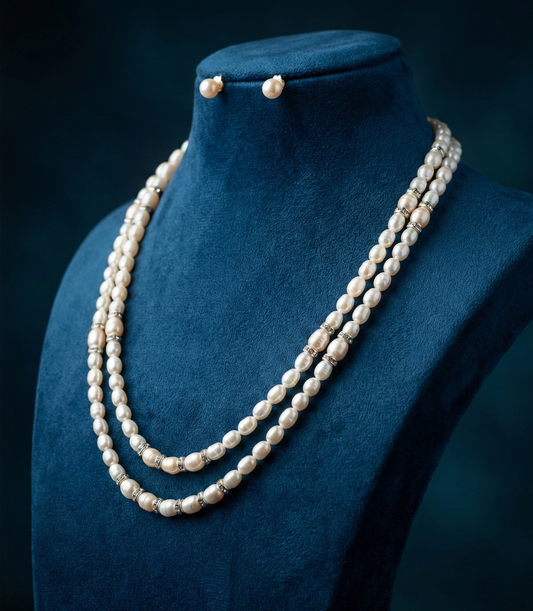 Double-Layer Freshwater Pearl Necklace Set With CZ Spacer