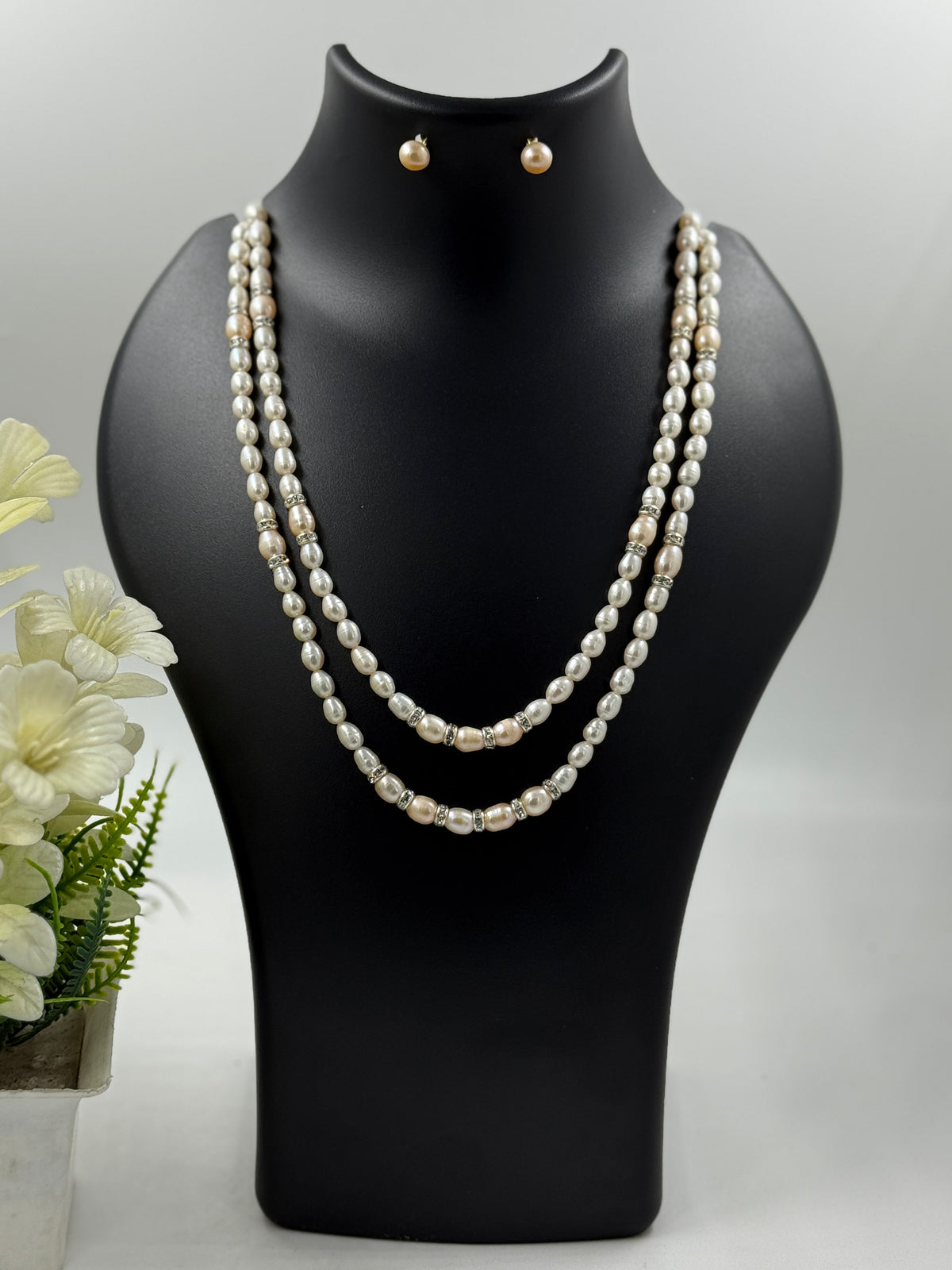 Double-Layer Freshwater Pearl Necklace & CZ Earring Set