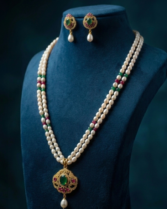 Double Strand Freshwater Pearls Necklace with Green Floral Pendant