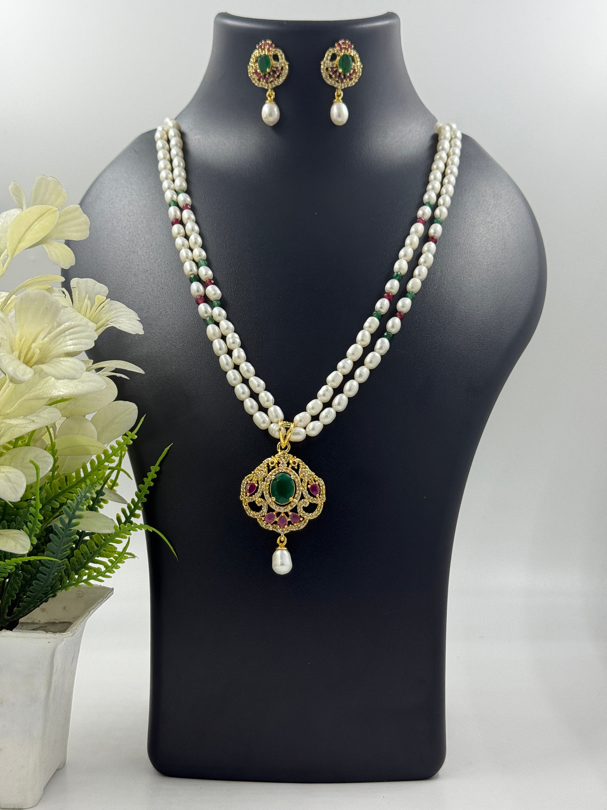 Double Strand Freshwater Pearl Necklace Set with Green Pendant