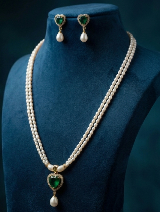 Double-Strand Freshwater Pearls Necklace with Green Heart Pendant Set
