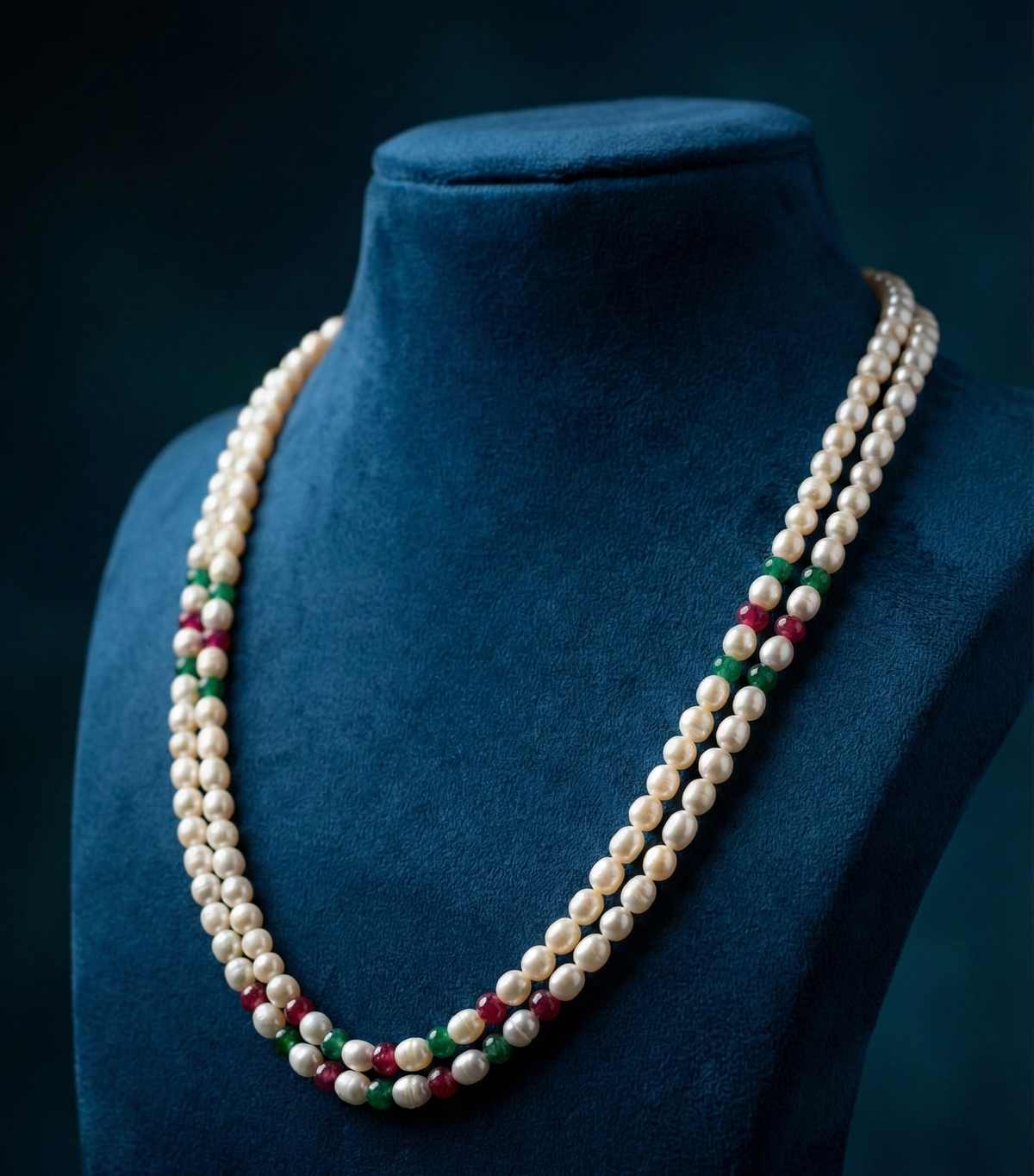 Double-Strand Freshwater Pearls Necklace with Red & Green Beads
