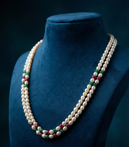 Double-Strand Freshwater Pearls Necklace with Red & Green Beads
