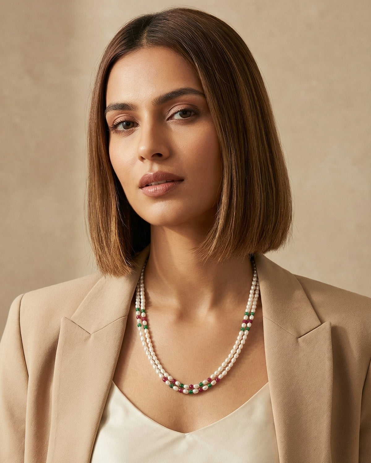 Double-Strand Freshwater Pearls Necklace with Red & Green Beads