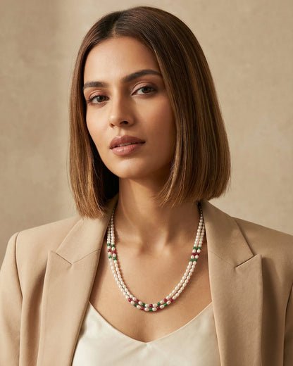 Double-Strand Freshwater Pearls Necklace with Red & Green Beads