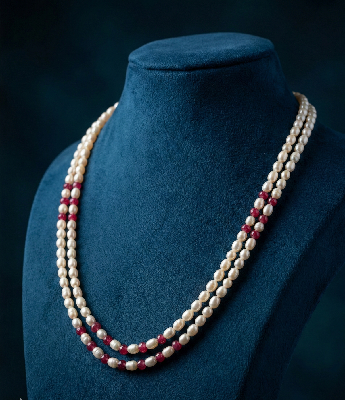Double-Strand Freshwater Pearls & Ruby Red Bead Necklace