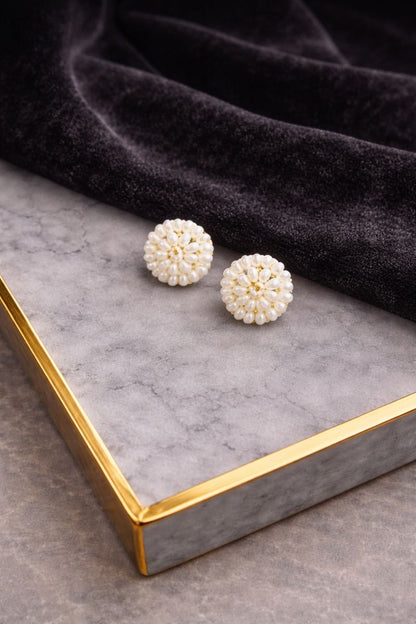 Elegant White Freshwater Pearl Floral Dome Studs