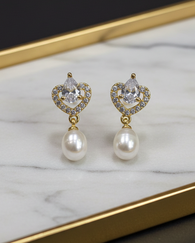 Exact Heart CZ Pearl Drop Earrings on Marble Gold Tray