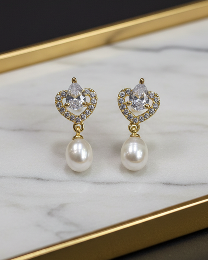 Exact Heart CZ Pearl Drop Earrings on Marble Gold Tray