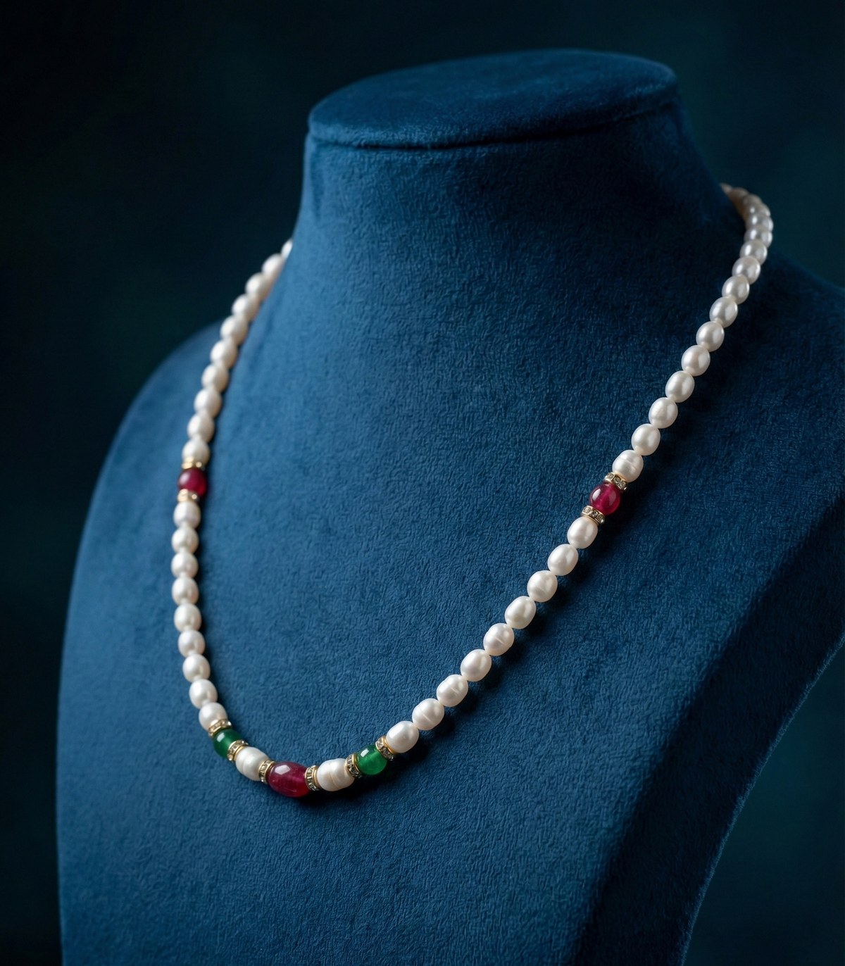 Freshwater Pearl Necklace with Ruby & Emerald Accent Stones