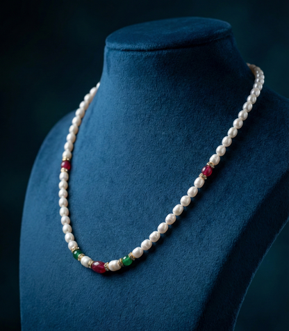 Freshwater Pearl Necklace with Ruby & Emerald Accent Stones
