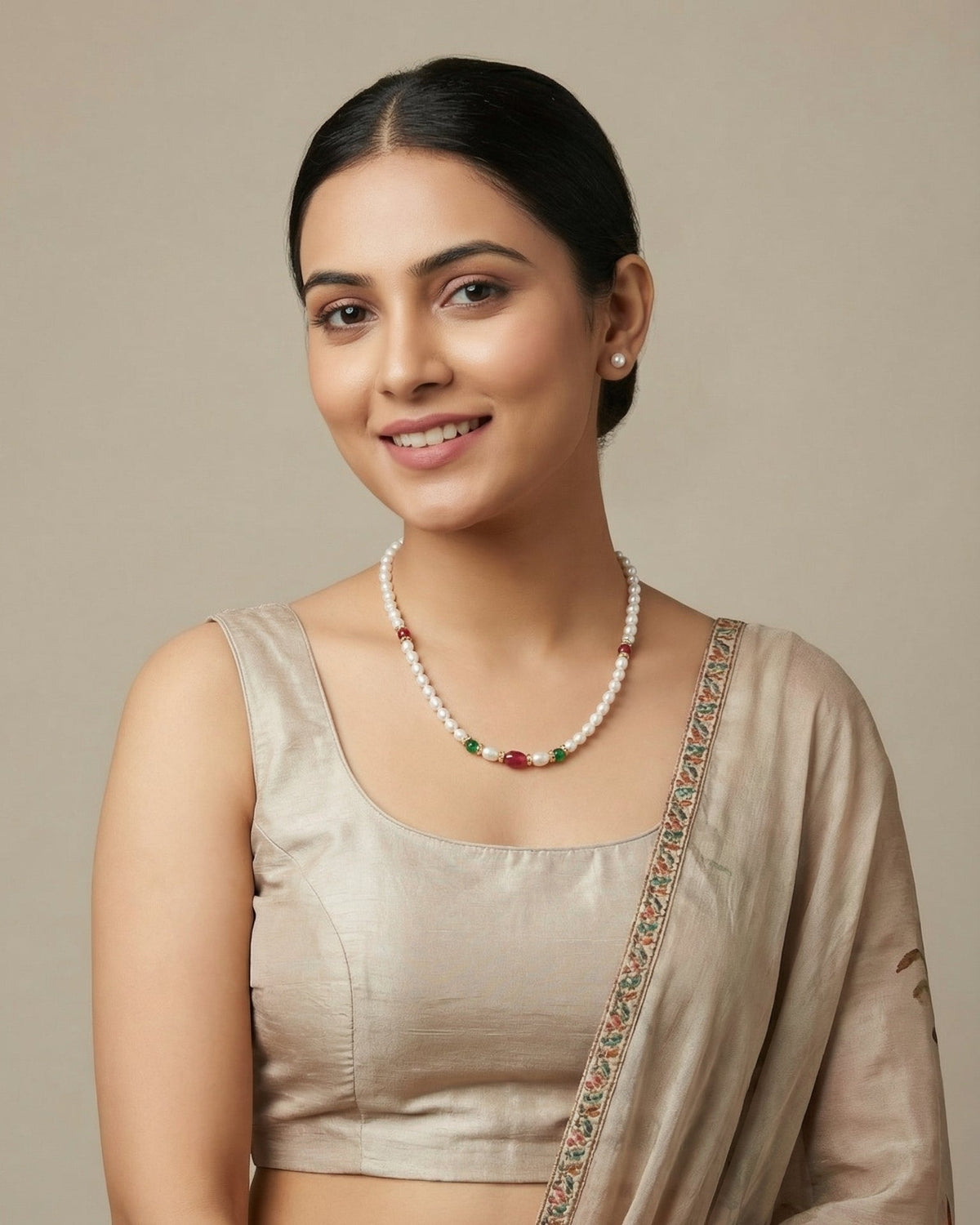 Freshwater Pearl Necklace with Ruby & Emerald Accent Stones – Festive Jewellery Set