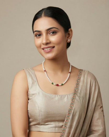 Freshwater Pearl Necklace with Ruby & Emerald Accent Stones – Festive Jewellery Set