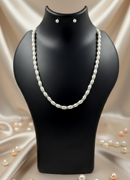 Freshwater Pearl Necklace & Stud Set with CZ Spacers, 16–18"
