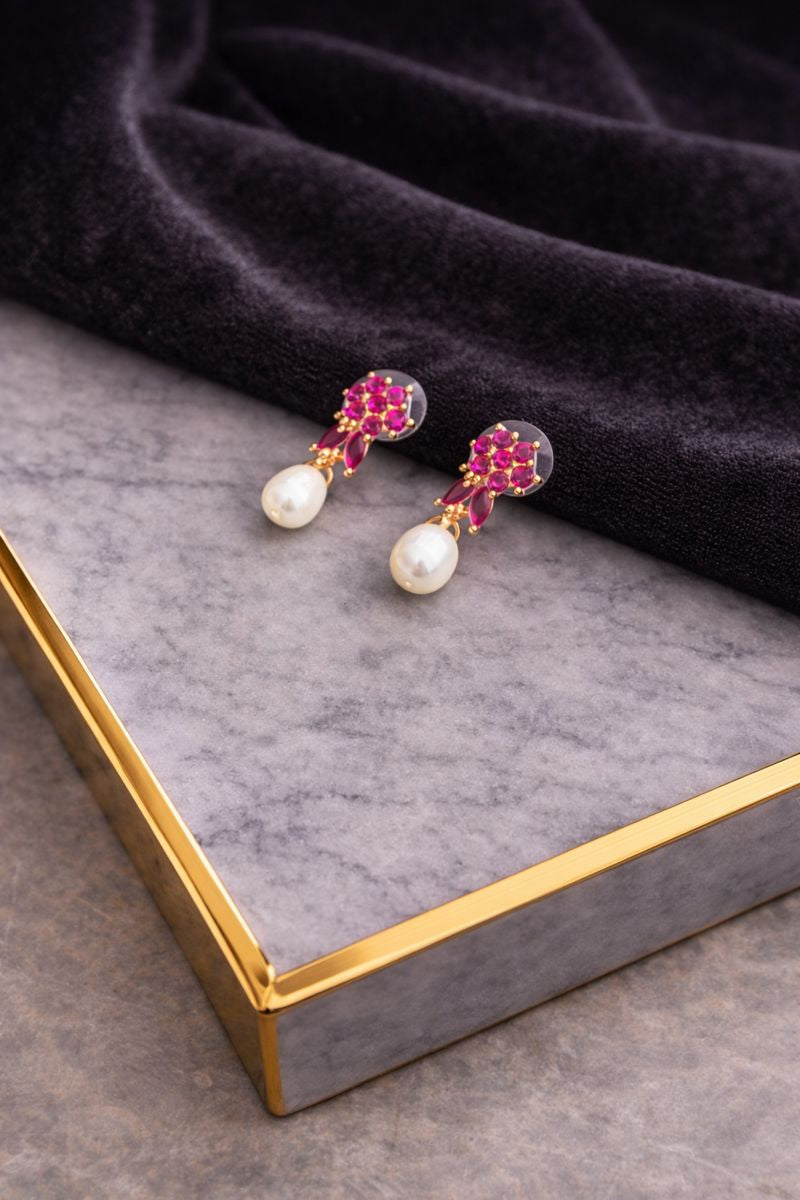 Gold-Plated Pink Gemstone Earrings With Freshwater Pearl Drop