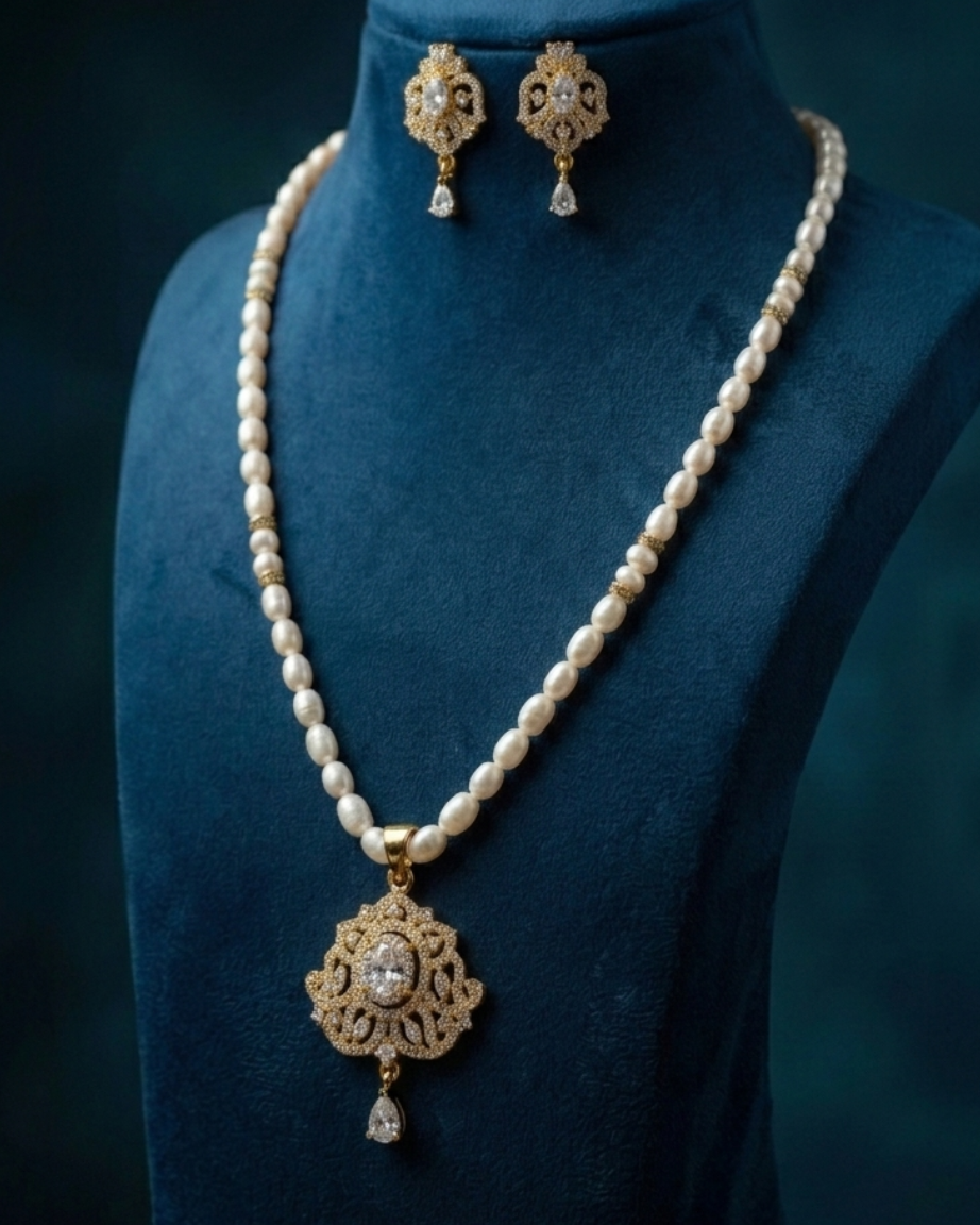 Gold-Tone Filigree Pendant Freshwater Pearls Set