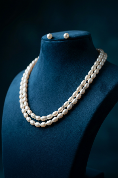 2-Line Dual-Tone Freshwater Pearl Necklace with CZ Spacers on teal blue velvet mannequin