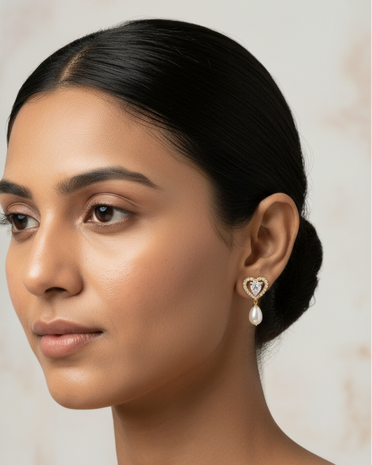 Indian model wearing Heart CZ Pearl Drop Earrings