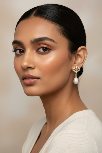 Indian Model Wearing Exact Diamond CZ Pearl Drop Earrings