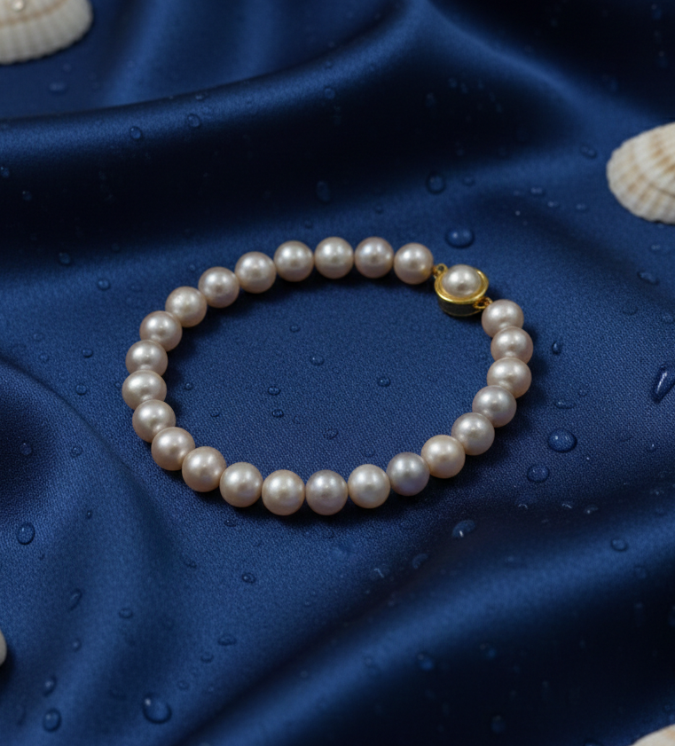 Pearl bracelet on a blue fabric background with seashells