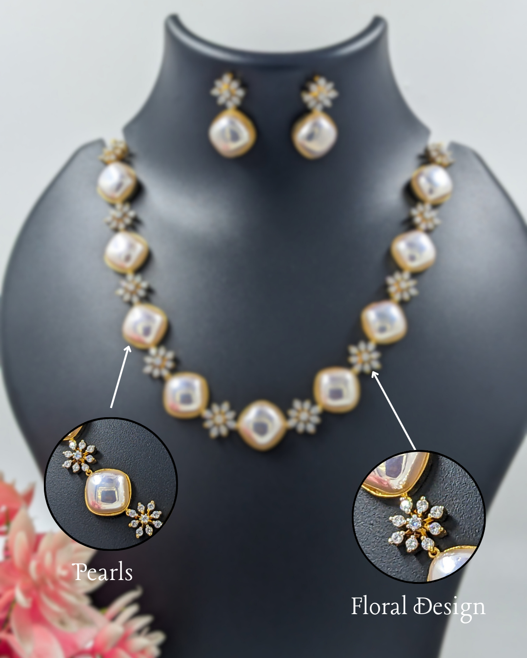 Pearl & Gold Floral Necklace Set With Earring For Gifting