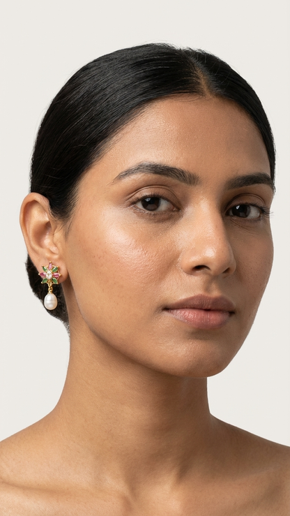Vibrant Floral Drop Earrings with Freshwater Pearls