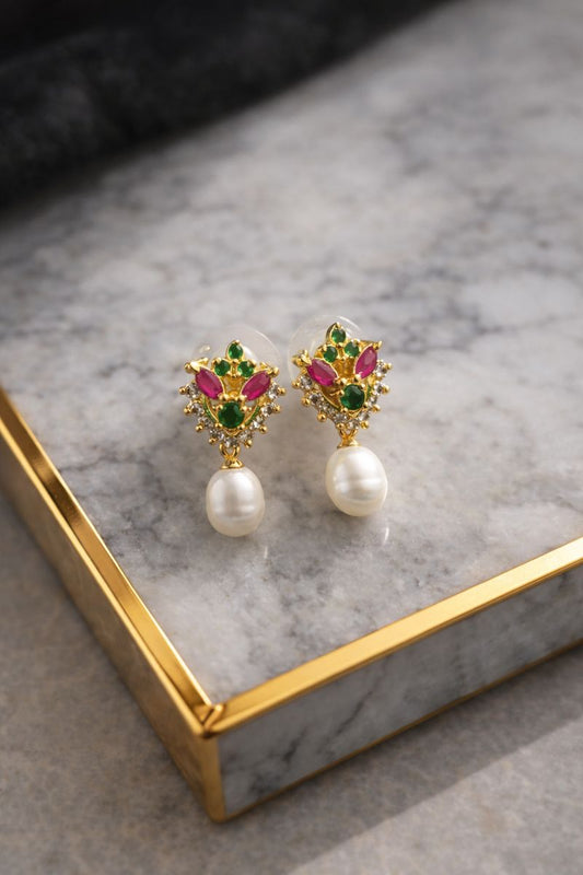 Regal Ruby & Emerald Floral Freshwater Pearls Drop Earrings