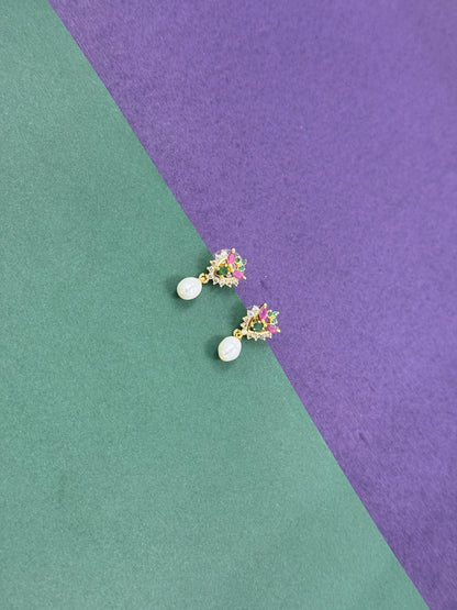 Ruby & Emerald Floral Freshwater Pearl Drop Earrings – Festive, Lifetime Guarantee