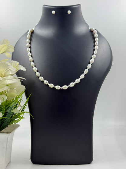 Single Strand White Pearls with Silver Accents