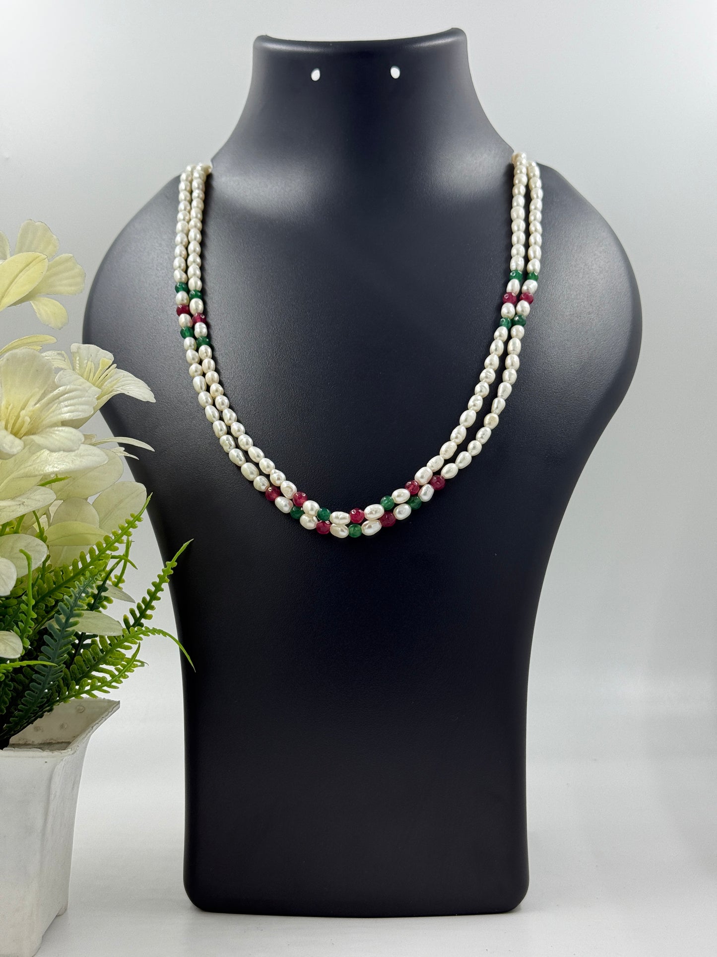 Double-Strand Pearl Necklace with Red & Green Beads