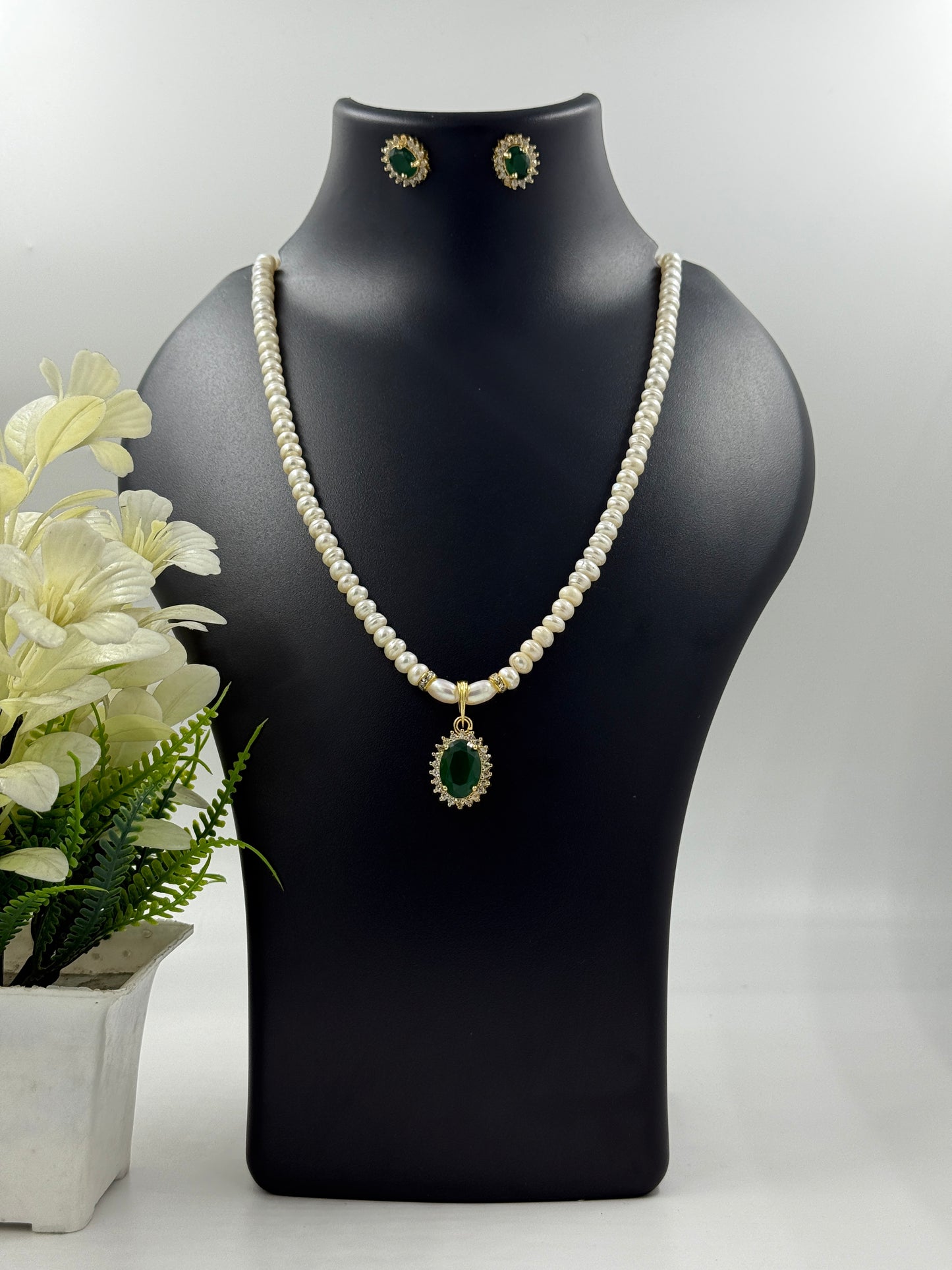 Single Strand Pearls with Green Stone Pendant & Earrings