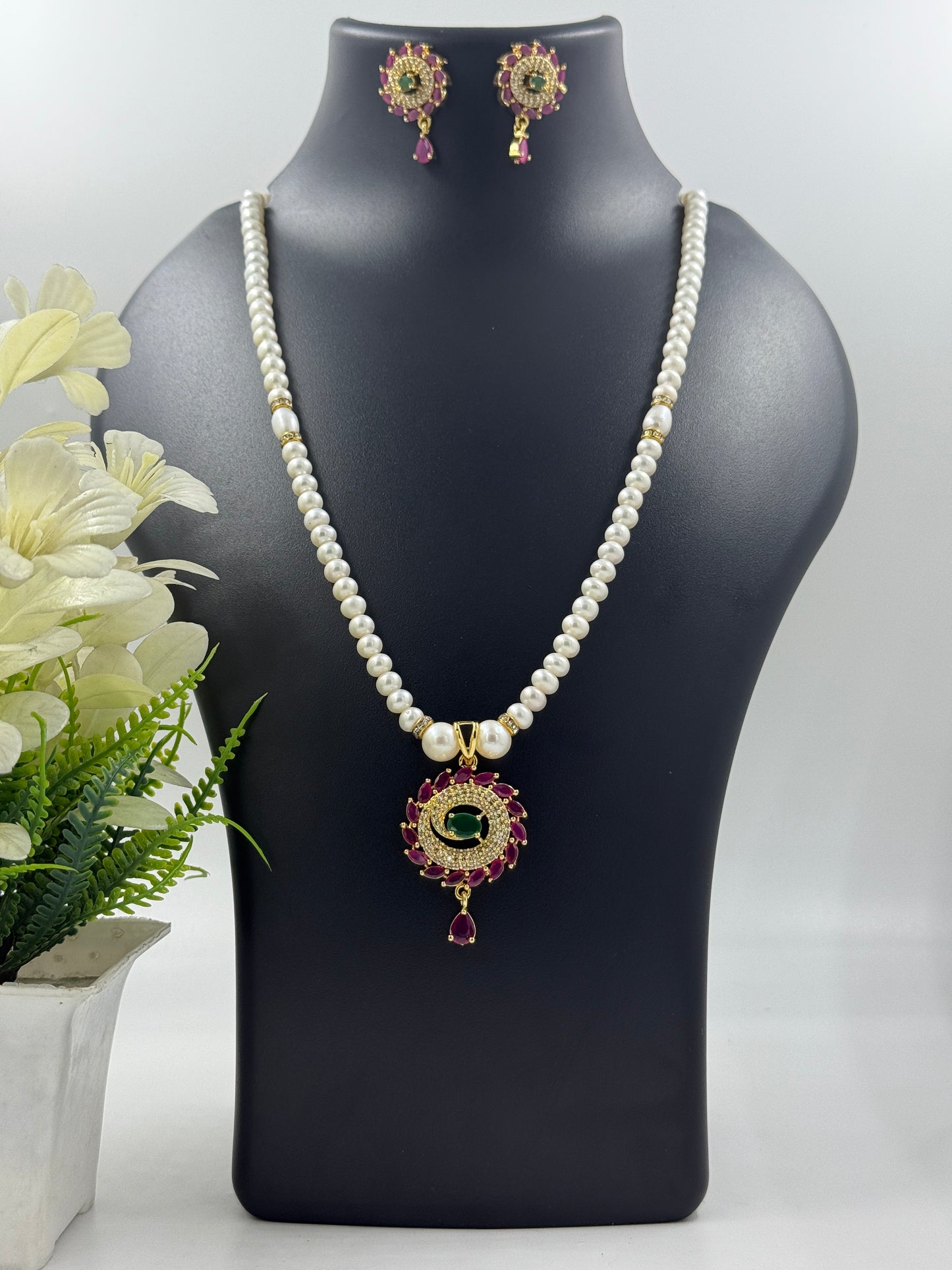 White Pearl Necklace with Ruby & Green Floral Pendant