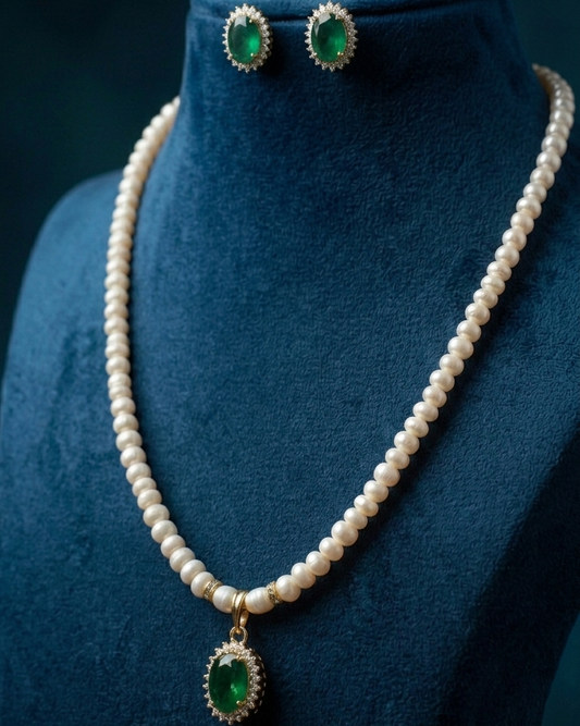Single Strand Pearls with Green Stone Pendant & Earrings