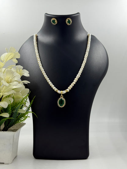 Single Strand Freshwater Pearl Necklace – Green Stone Pendant & Earrings Set