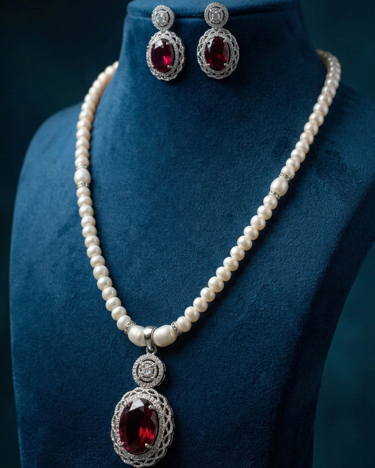 Single Strand Pearls with Red Oval CZ Pendant & Earrings