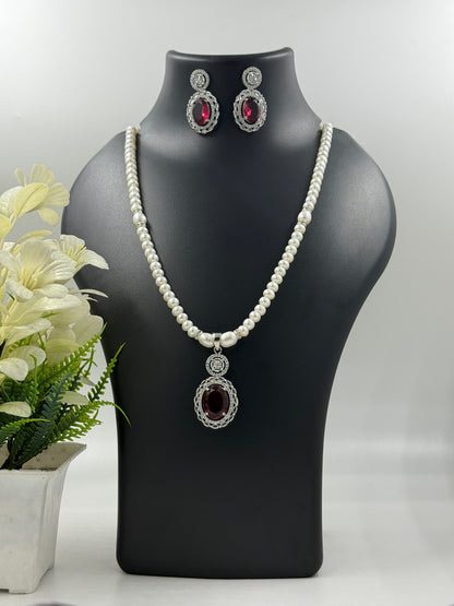 Single Strand Pearls with Red Oval CZ Pendant & Earrings